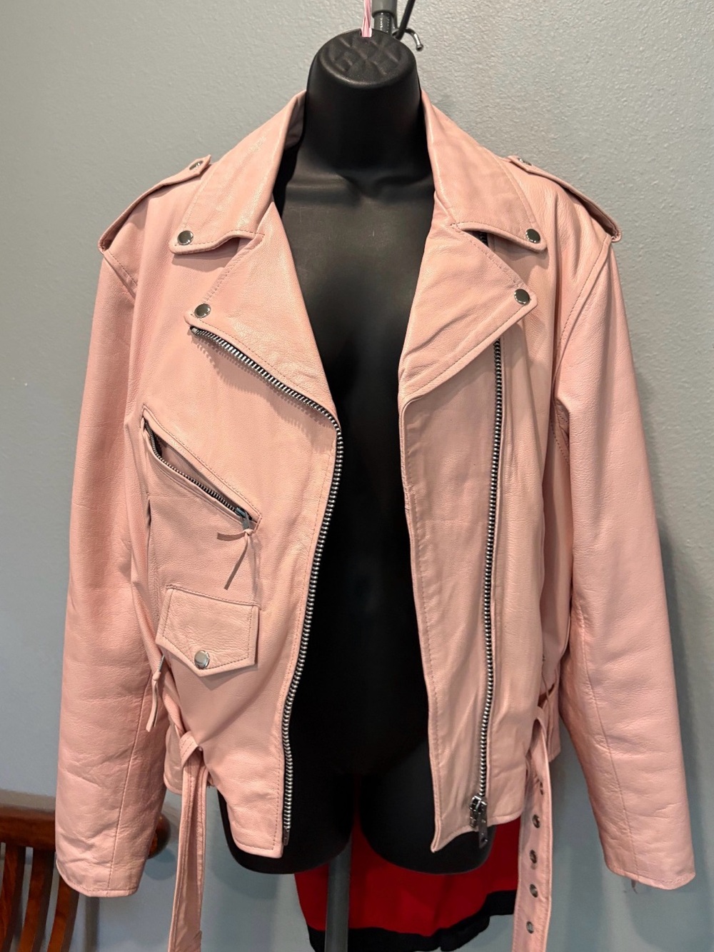 Unik Light Blush Pink Asymmetrical Moto Leather Jacket - Picture 2 of 7